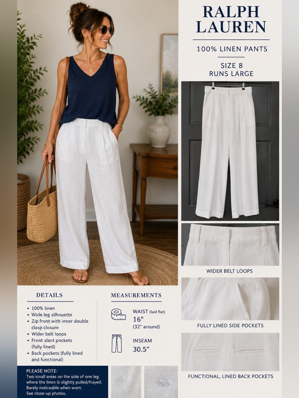 Ralph Lauren 100% Linen White Pants Size 8 Wide Leg Trouser